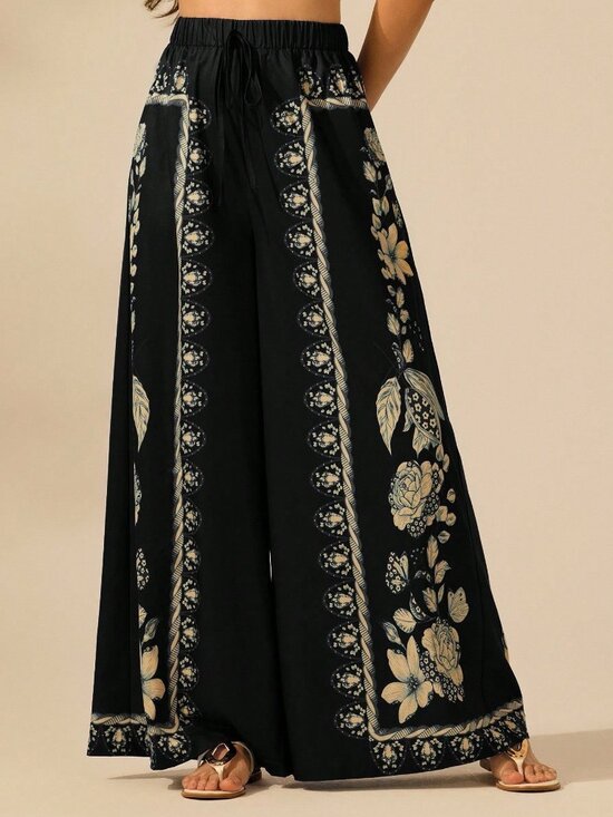 Pants - Black Boho Women's Tropical Plant Print Palazzo Pants